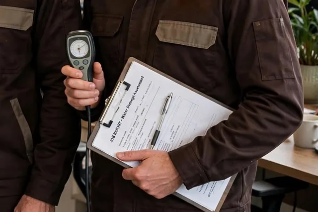 Job paperwork and gauge Person in a brown work uniform holding a gauge and a clipboard with a job report form