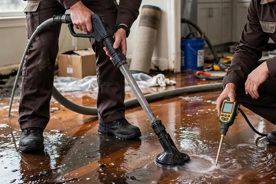 Extracting water from a flooded floor Technician using a wet vacuum wand to pull water from a flooded hardwood floor