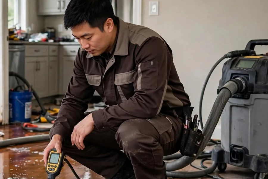 Moisture meter reading Technician holding a moisture meter probe over a wet hardwood floor