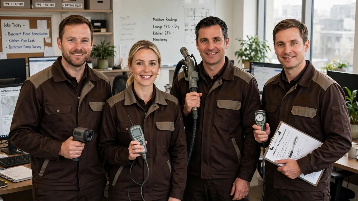 Restoration equipment and job paperwork Four people in brown work uniforms in an office holding a moisture meter, a hose attachment, a handheld device, and a clipboard