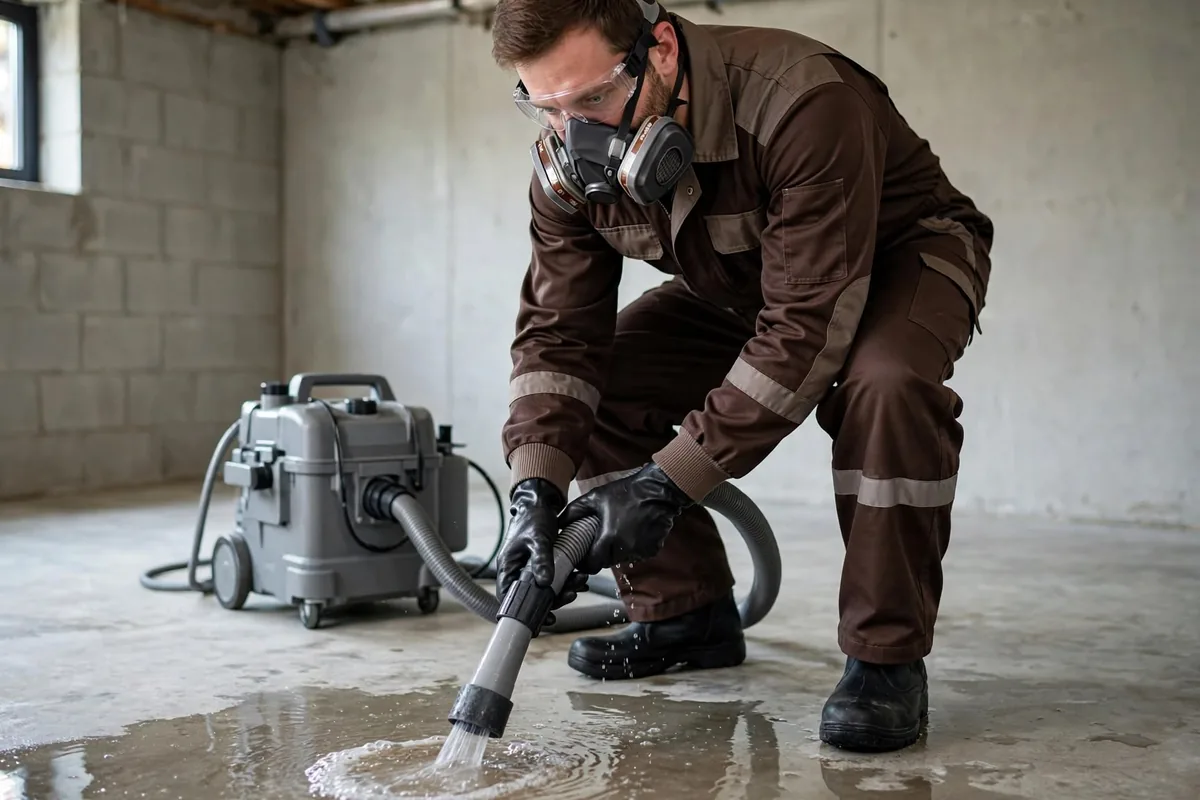 Basement water extraction with a wet vacuum Technician in a respirator and goggles using a wet vacuum to remove standing water from a concrete basement floor