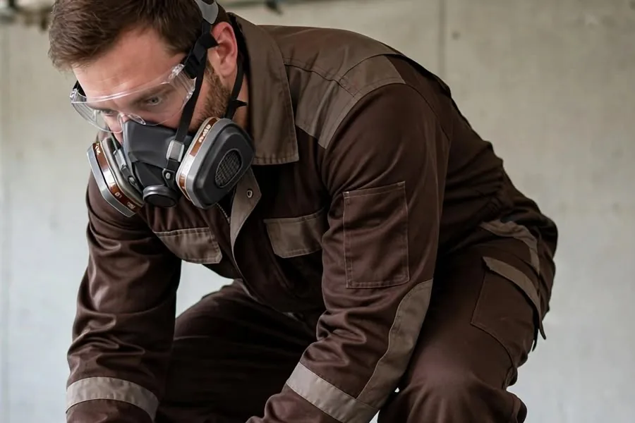 Protective gear for contaminated water Technician wearing a half-face respirator, safety goggles, and black gloves while working in a basement