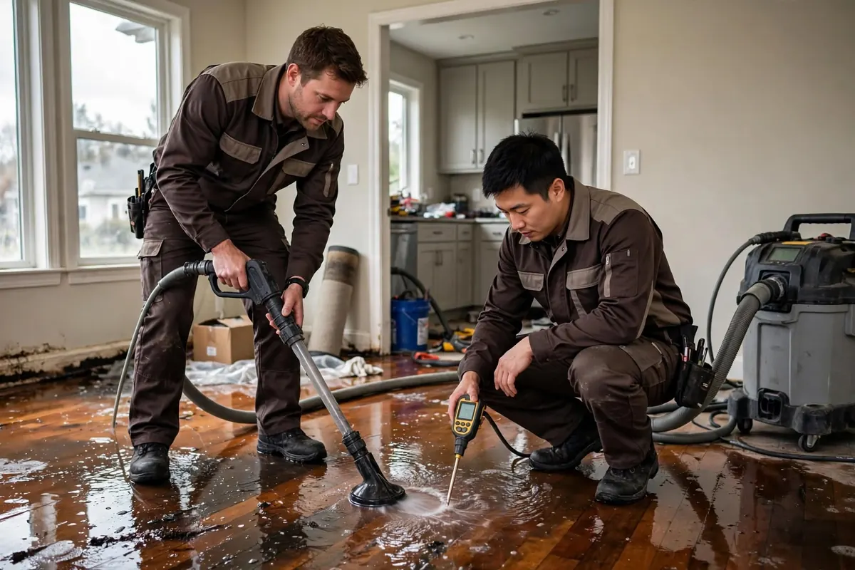 Water extraction and moisture check on a flooded floor Two technicians extracting water from a flooded hardwood floor, one holding a wand and one checking moisture with a meter