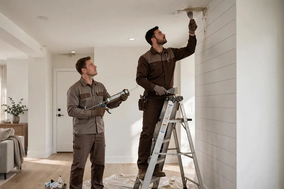 Technicians at a water-stained ceiling Two technicians in an interior room, one on a stepladder scraping a water-stained ceiling corner while the other looks on