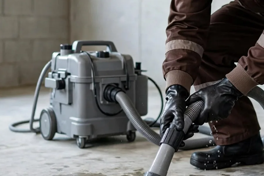 Wet vacuum and hose for water removal Grey wet vacuum on wheels with its hose beside a technician extracting water from a concrete floor